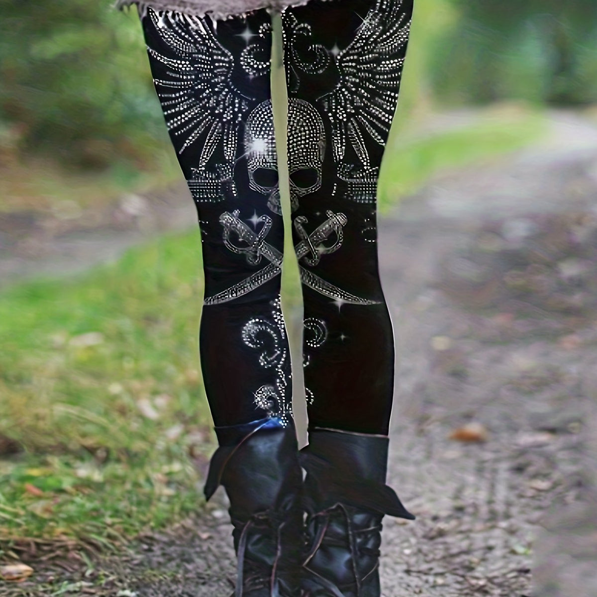  Goth Pants Women's Skull Wing Sword High Rise Skinny