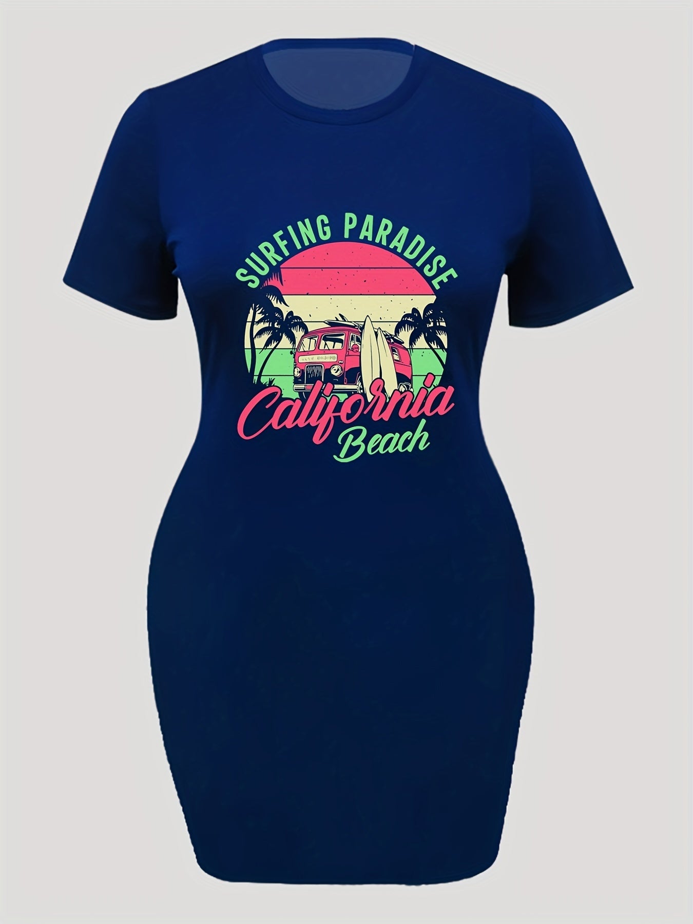  Colorblock Coconut Tree & Bus Print Short Sleeve Round Neck Dress