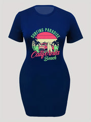  Colorblock Coconut Tree & Bus Print Short Sleeve Round Neck Dress