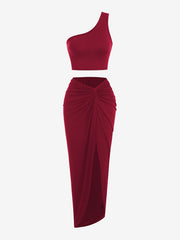 Sexy One Shoulder Crop Top & Front Skirt Set Women's Clothing