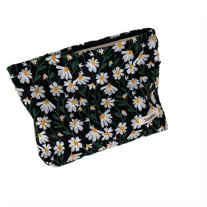 Embroidered Makeup Bag with Zipper Closure for Travel