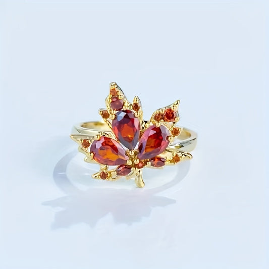 Adjustable Ring Necklace And Earrings Set Red Leaf Artificial Diamond