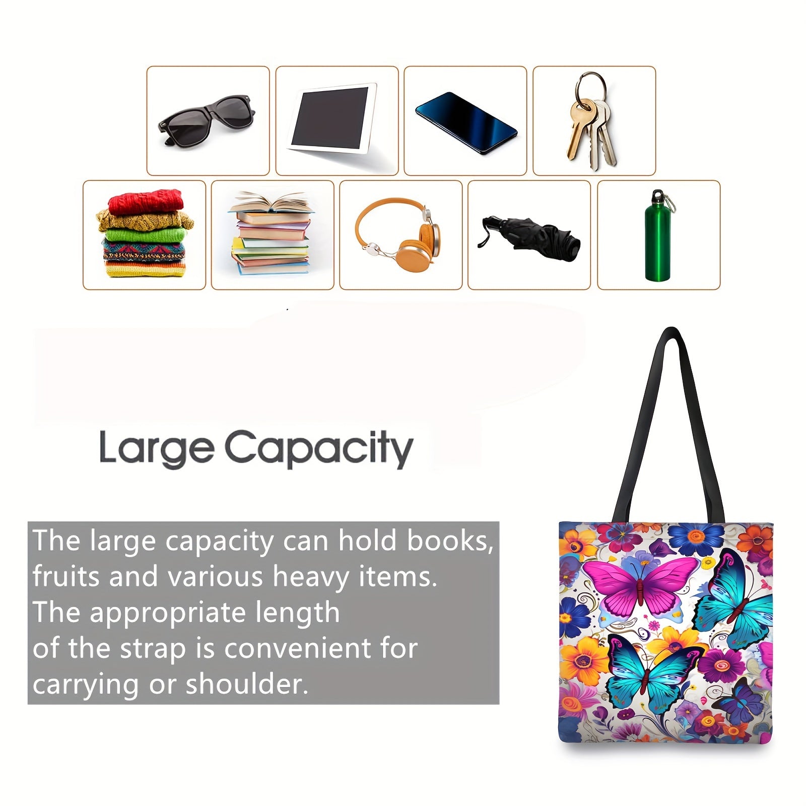 Butterfly Print Tote Bag Large Capacity Women's Handbag & Shopping Bag