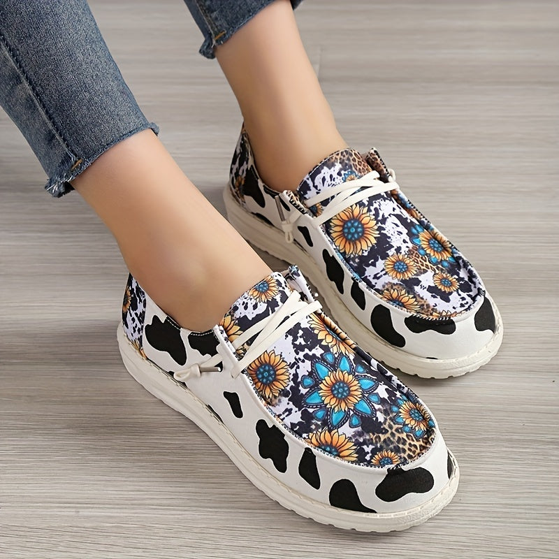 Women's Sunflower Canvas Shoes Round Toe Cow Print Loafers