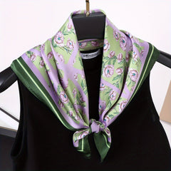 Purple Floral Print Square Scarf Silk Shawl Bandana Satin Neckerchief