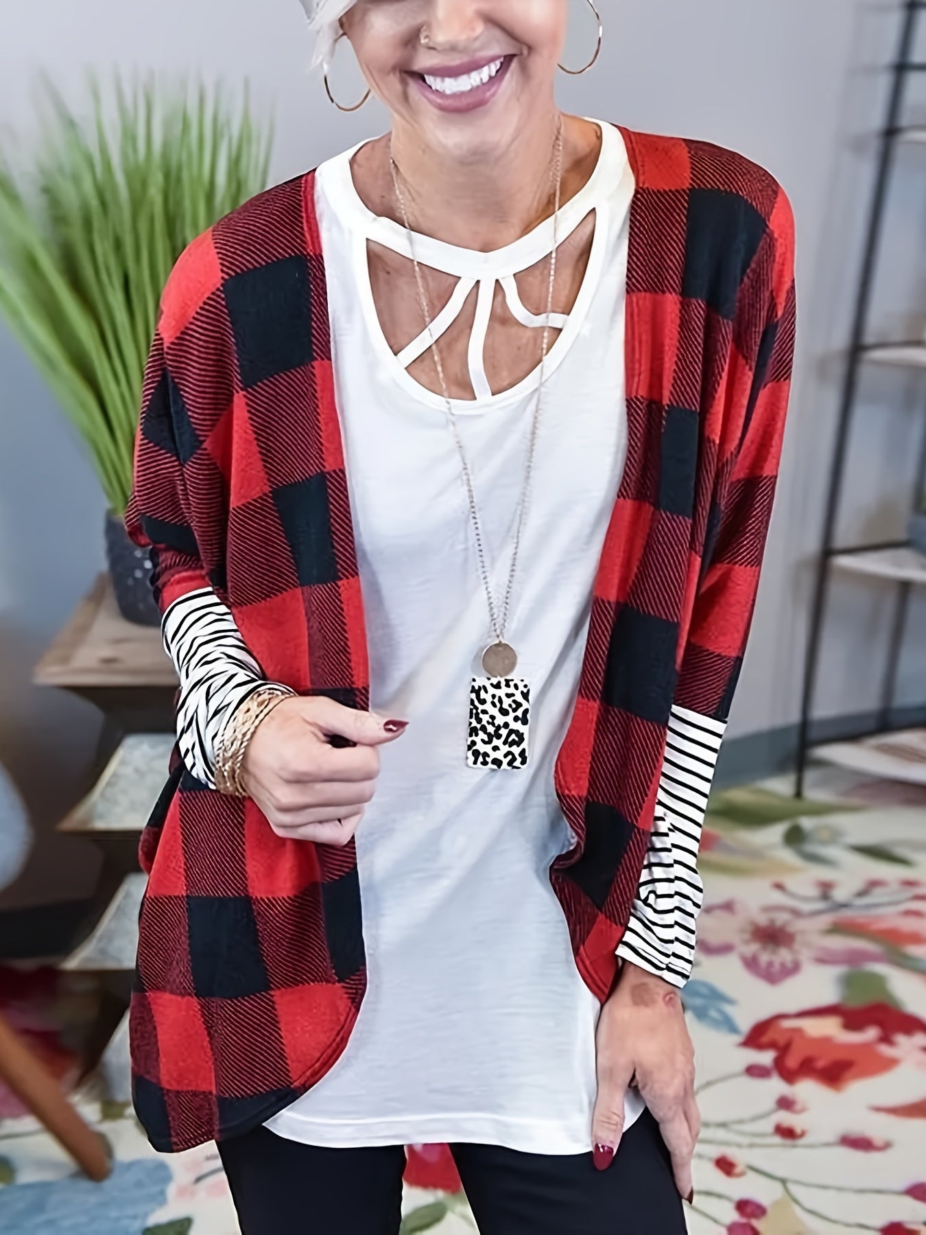  Striped & Plaid Print Long Sleeve Open Front Cardigan