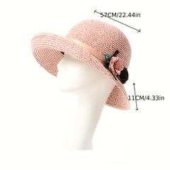 Flower Decor Straw Sun Hat UV Protection Bucket Hat for Women