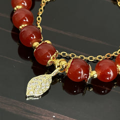 Red Bead & Golden Leaf Bracelet - Ideal Gift for Girlfriend & Mother
