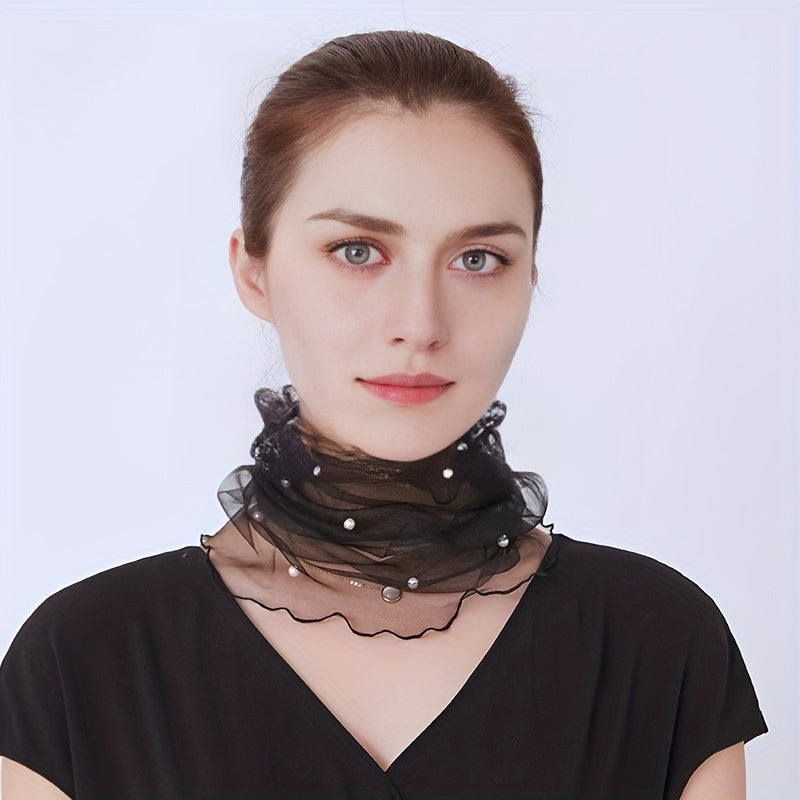 Faux Pearl Scarf Neckerchief Lightweight Gauze Infinity Scarf