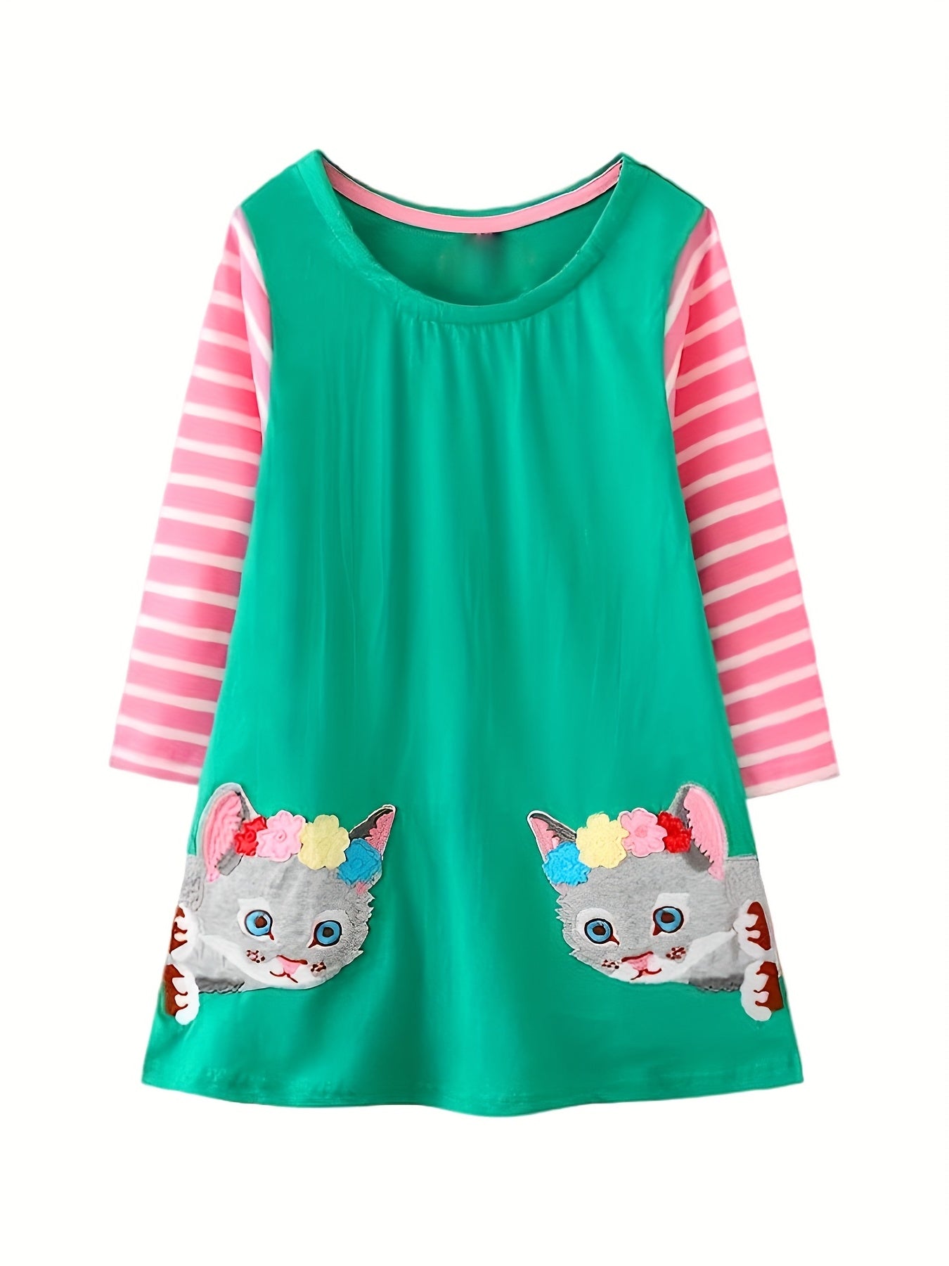 Girls' Kitty Embroidered Long Sleeve Shirt Dress With Stripe Contrast Sleeves