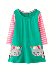Girls' Kitty Embroidered Long Sleeve Shirt Dress With Stripe Contrast Sleeves