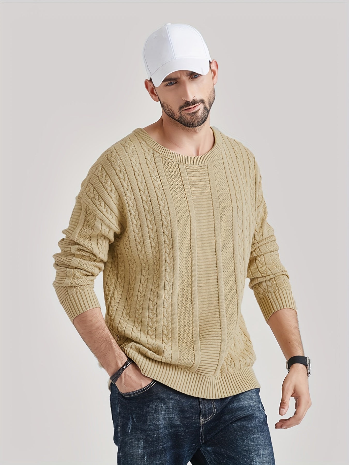 Knitted Cable Sweater Men's Casual Warm Crew Neck Pullover