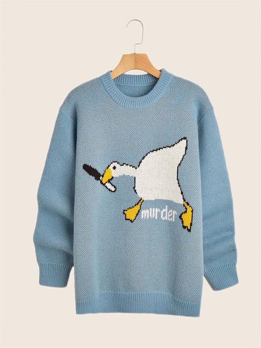 Cartoon Duck Pattern Crew Neck Sweater for Men