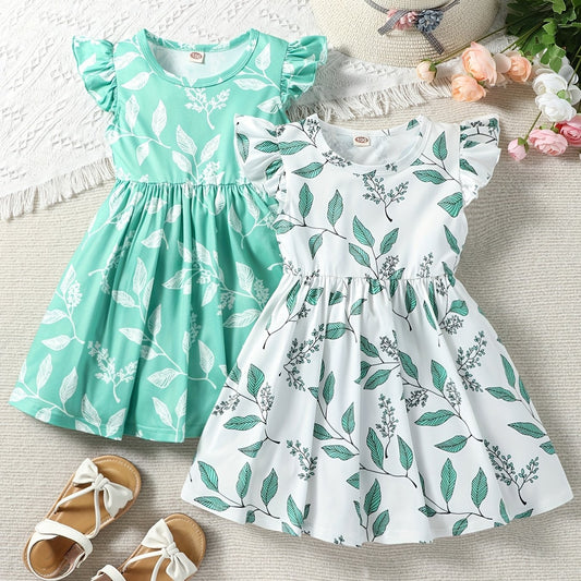 2pcs Toddler Girls Ruffle Trim Leaf Graphic Dress for Party Beach Vacation