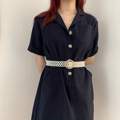Faux Pearl Wide Elastic Belt Dress Coat Girdle