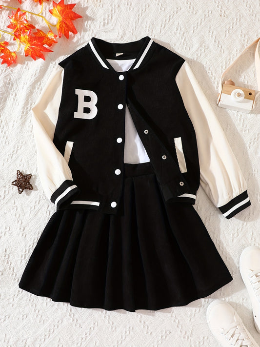 Girls Baseball Jacket & Pleated Skirt Set Letter B Print Corduroy Kid