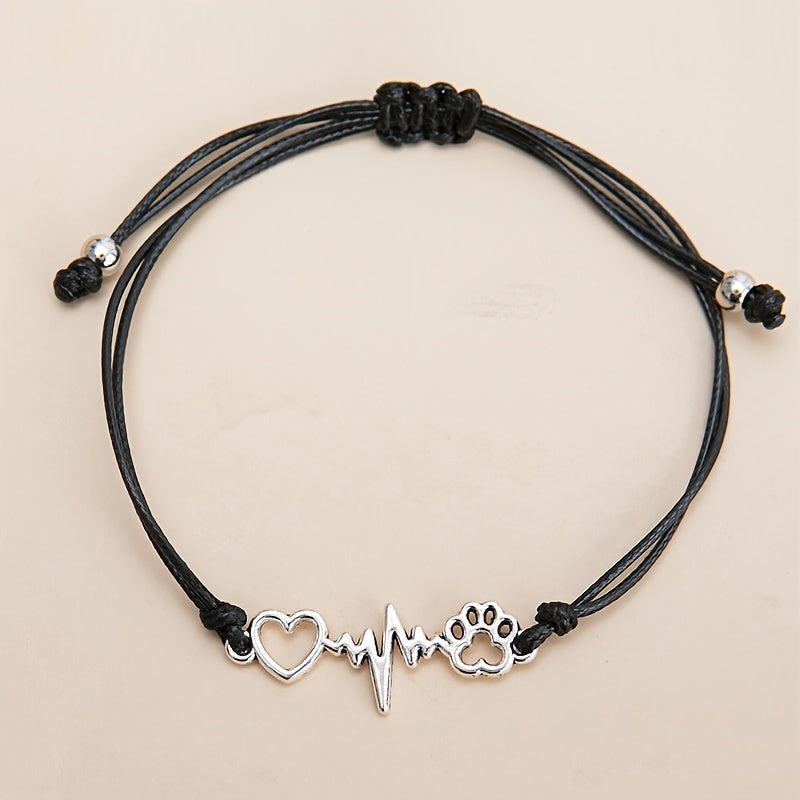 Dog Paw & Love Heart Bracelet Adjustable Rope Hand Jewelry