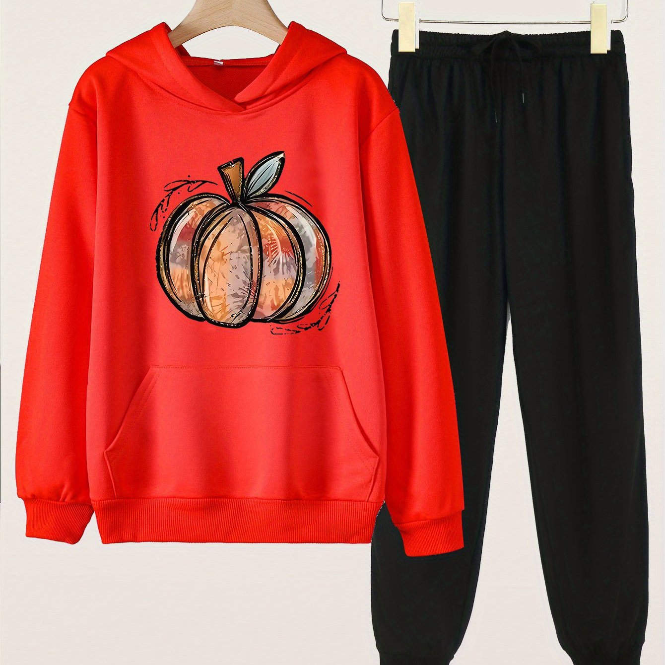 2pcs Pumpkin Print Hoodies Jogger Pants Set For Girls Fall Christmas
