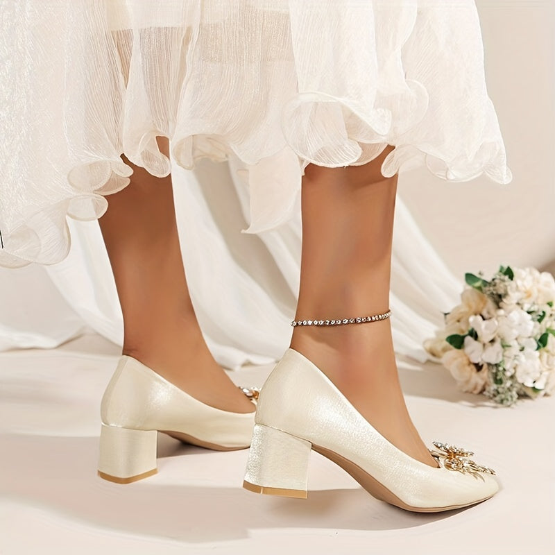 Chunky Heeled Pointed Toe Pumps Wedding Shoes