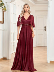 Sequin Bridesmaid Dress Cape Sleeve Surplice Neck