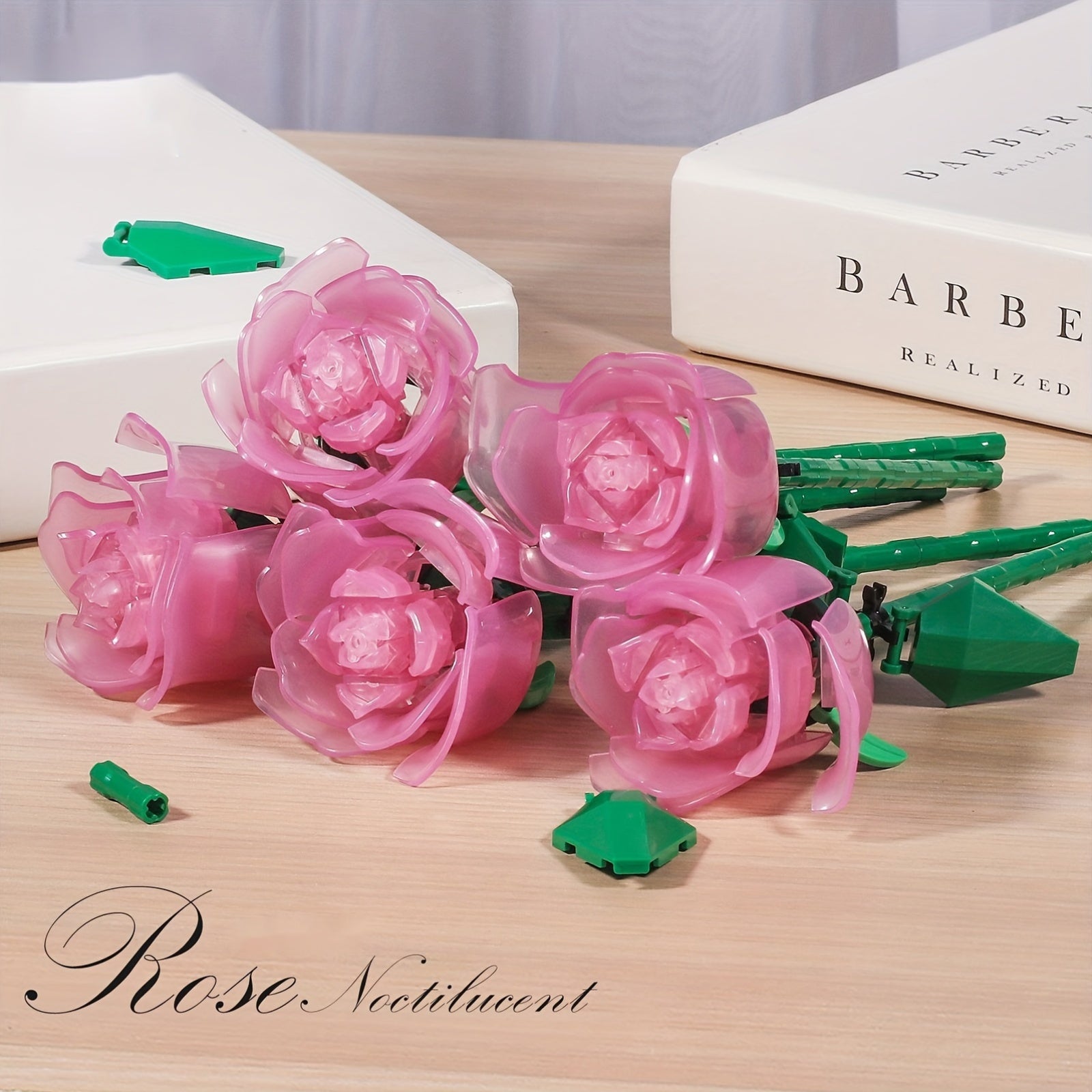 DIY Luminous Rose Building Blocks Pink & Green Plastic Flower Kit