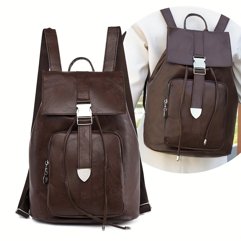Retro Drawstring Large Capacity Backpack PU Leather Textured School Travel Bag