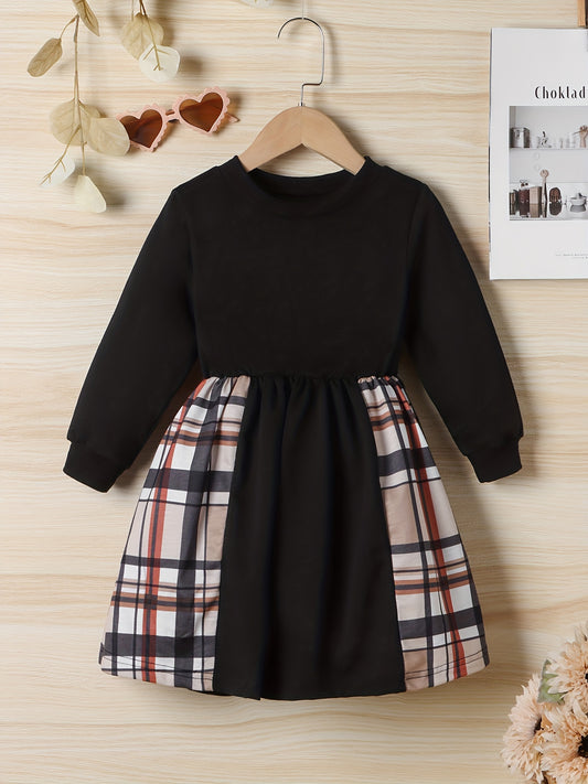 Girls Plaid Print Long Sleeve Pullover Sweatshirt Dress