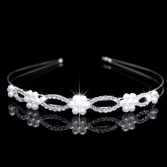 Rhinestone Faux Pearl Headband Queen Double Layer Crown Tiara Head Jewelry