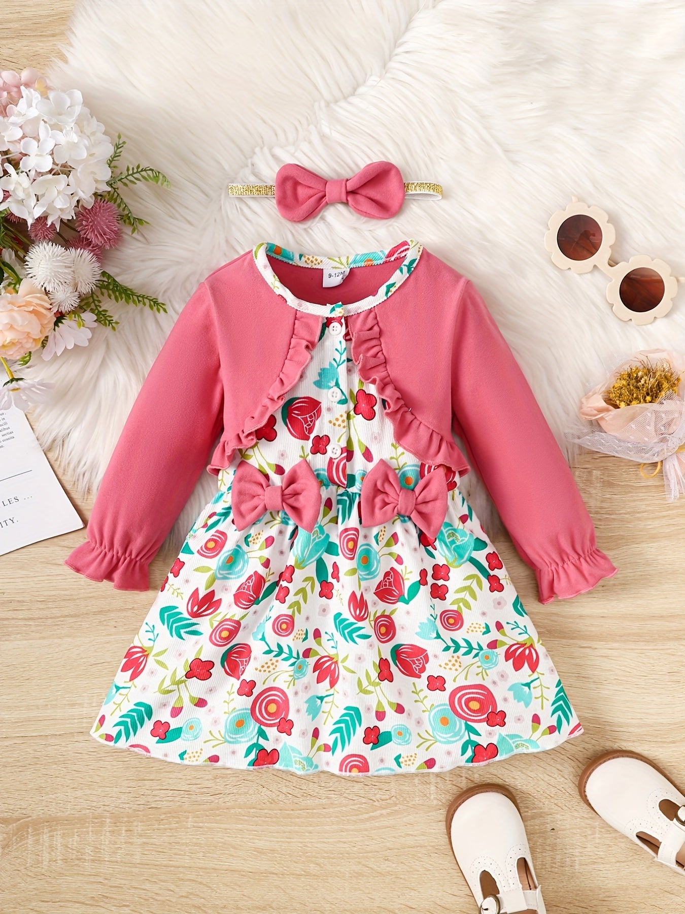 Girls Corduroy Floral Bow Dress Baby Clothes