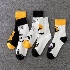 5 Pairs Skull & Bat Print Halloween Crew Socks Women's Stockings