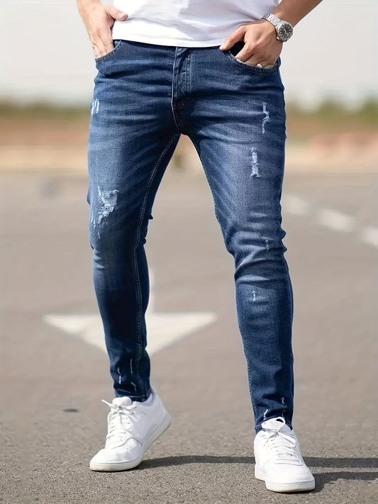 Slim Fit Tapered Jeans Mens Casual Street Style Distressed Denim Pants