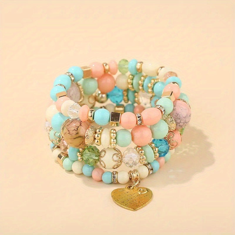 Heart Charm Bead Layered Bracelet Set Vintage Jewelry Gift