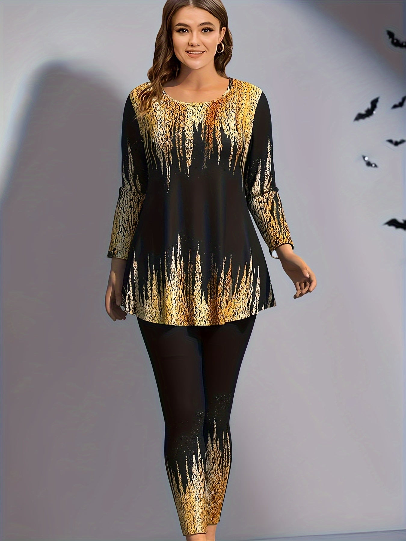  Ombre Graphic Print Tunic Top & Leggings Set