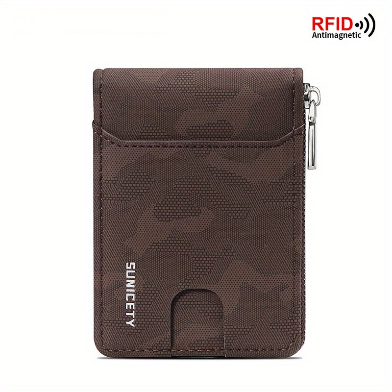 RFID Blocking Zipper Card Holder Short Wallet Leather Large Capacity