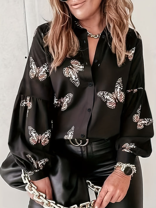 Butterfly Print Lantern Sleeve Button Up Shirt