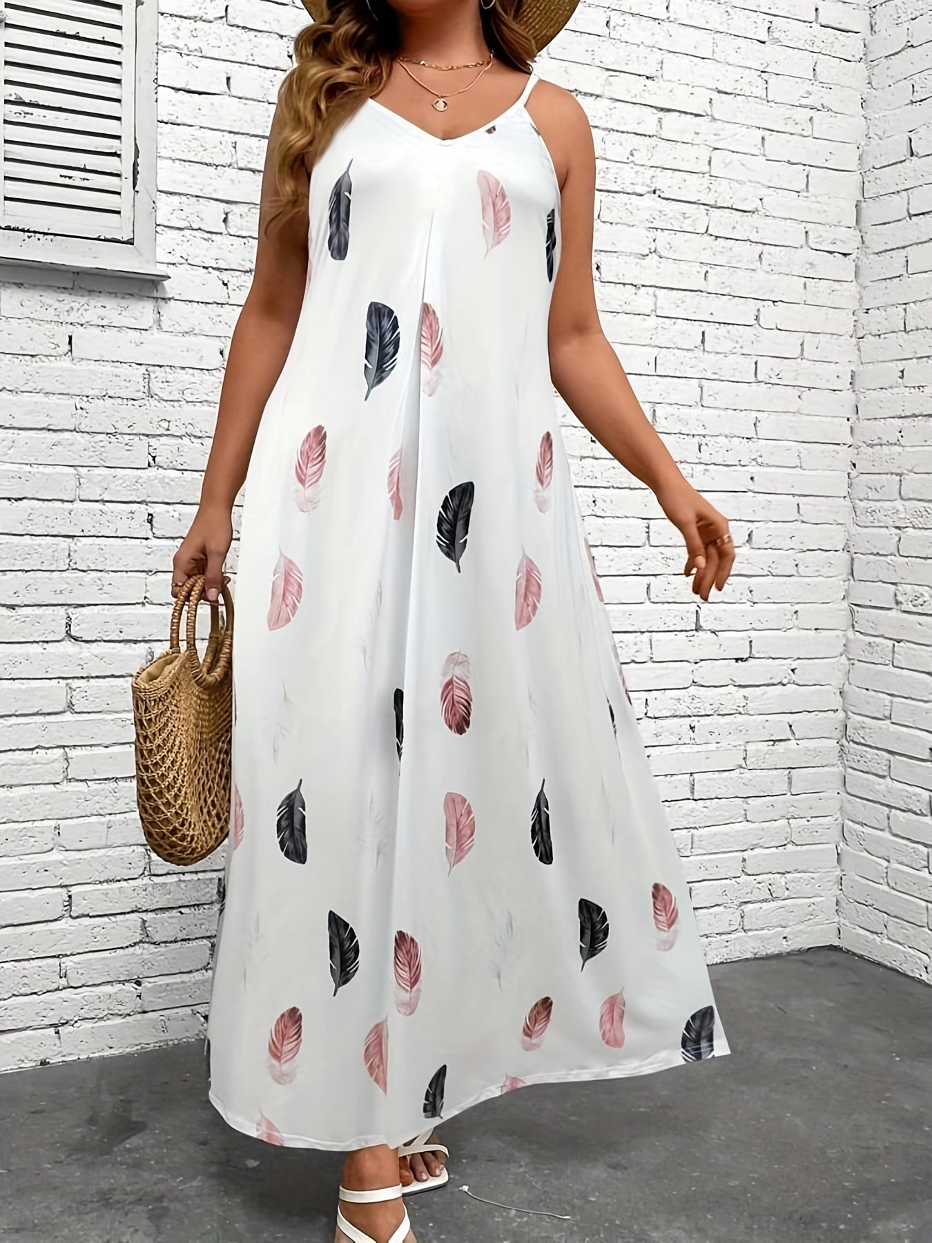  Feather Print V Neck Maxi Cami Dress