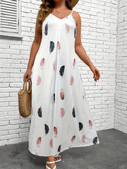  Feather Print V Neck Maxi Cami Dress