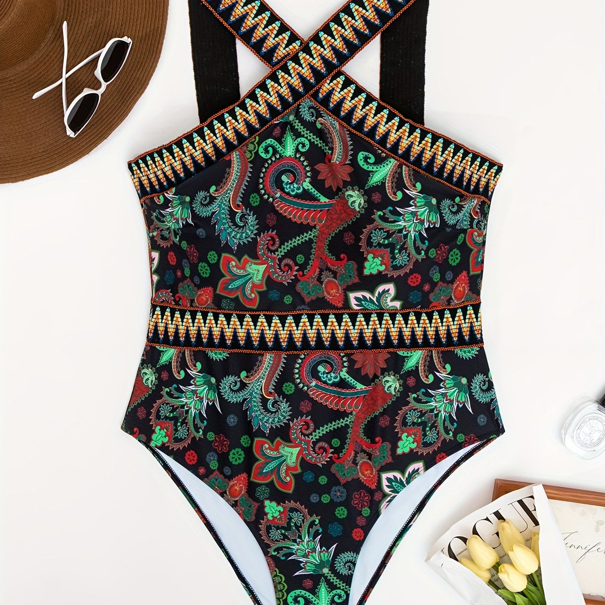  Floral Print Halter One Piece Bathing Suit