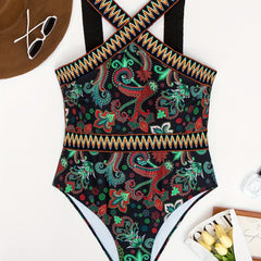  Floral Print Halter One Piece Bathing Suit