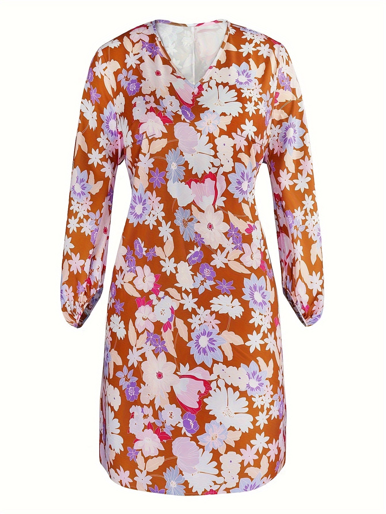 Floral Print Lantern Sleeve V Neck Midi Dress