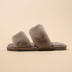 Women's Double Straps Flat Slippers Open Toe Solid Non Slip Fluffy Home Shoes