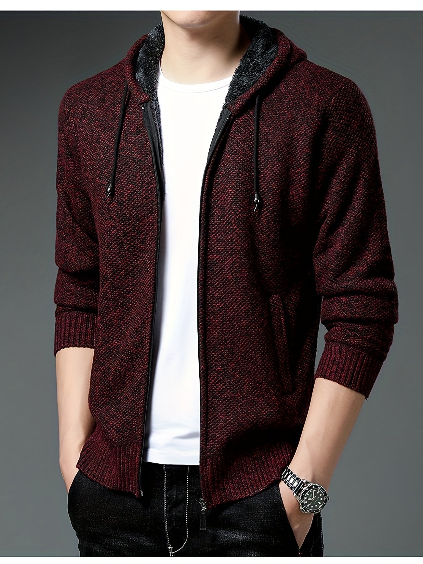 Sherpa Lined Knitted Cardigan Men's Hooded Jacket Long Sleeve Hoodies