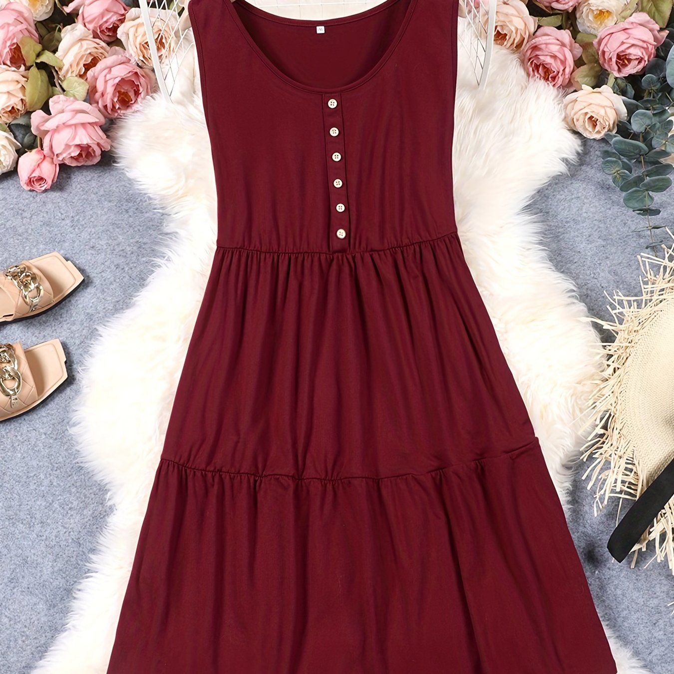  Casual Tank Dress Women's Plus Button Decor Sleeveless Smock Dress
