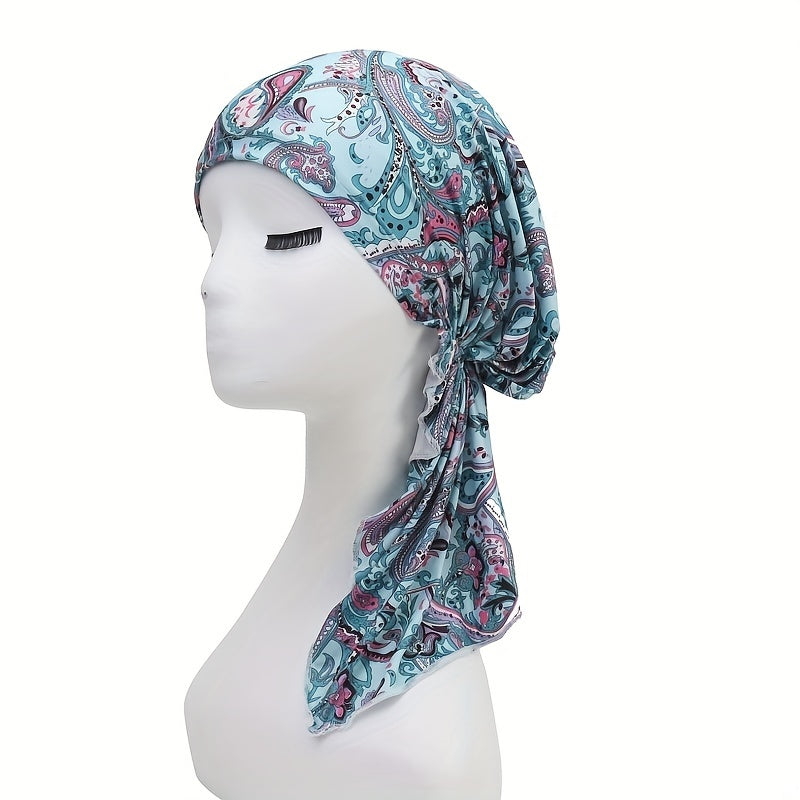 Paisley Print Head Wrap Casual Elastic Turban Soft Long Tail Bonnet
