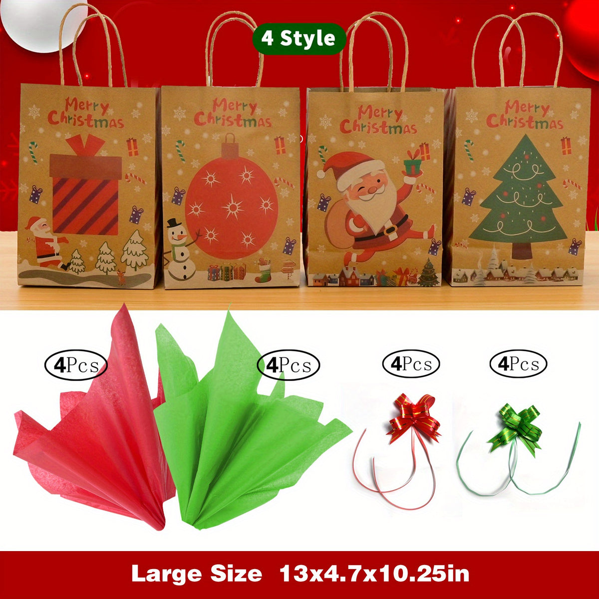 Christmas Gift Bag Set Large Medium Small 8 Paper Wrappers 8 Ribbon Bows