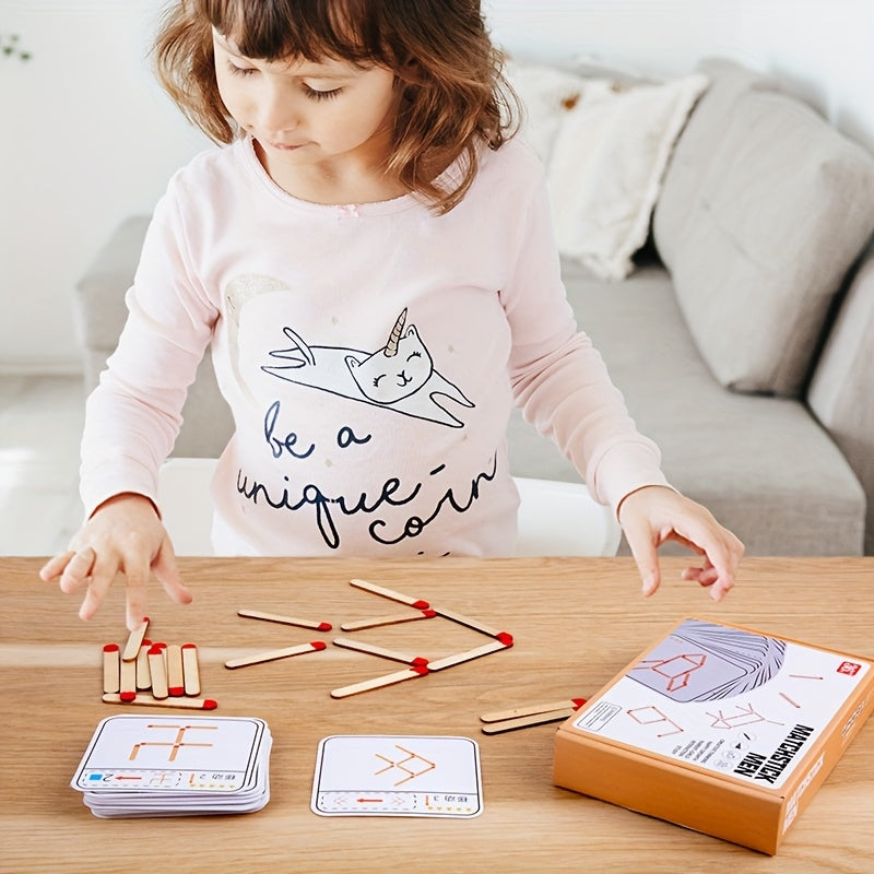 Wooden Match Puzzle Board Game for Kids Gray Frame Orange & Red