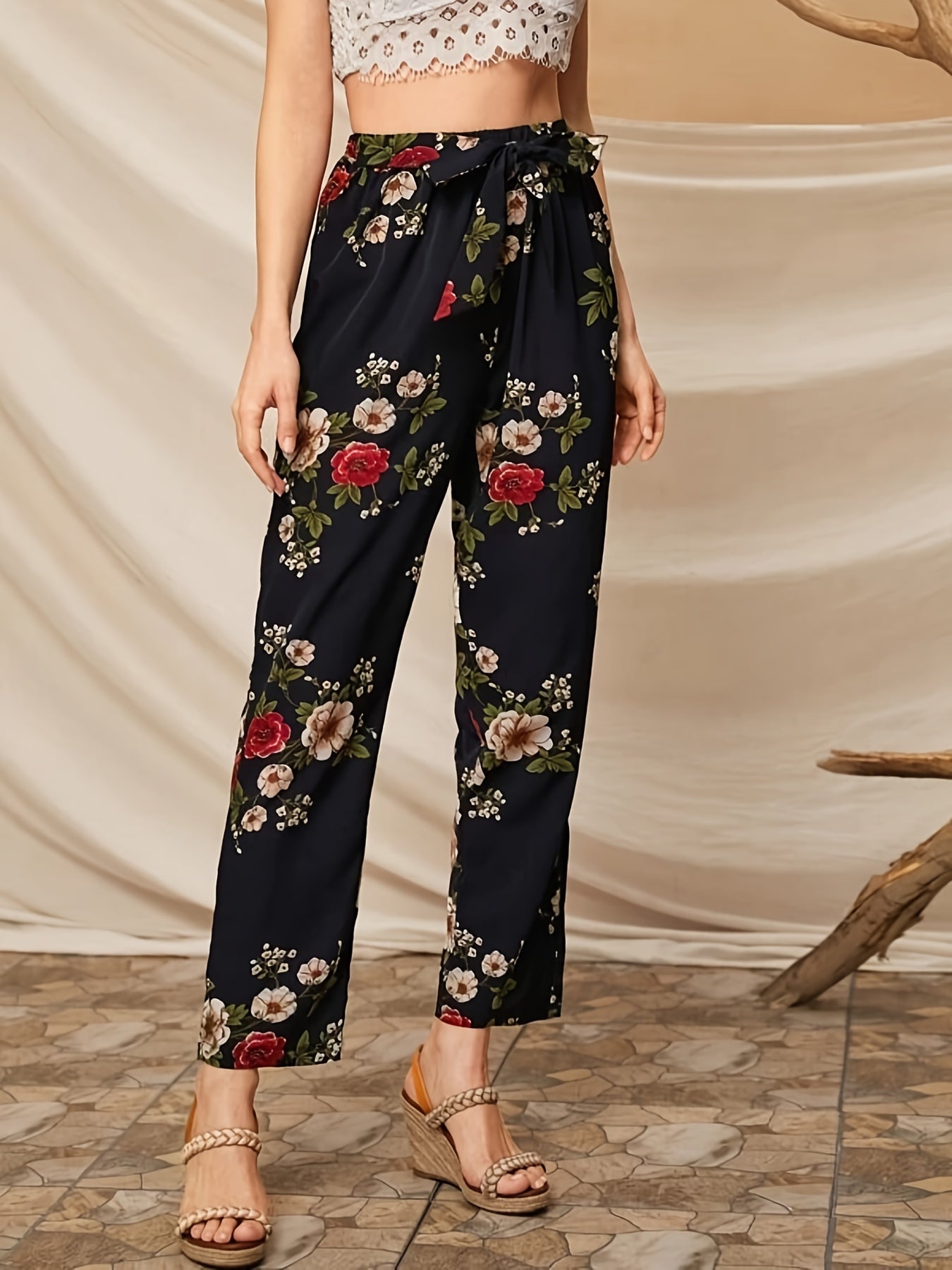 Women's Plus Floral Print High Rise Pants with Belt