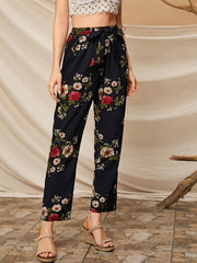 Women's Plus Floral Print High Rise Pants with Belt