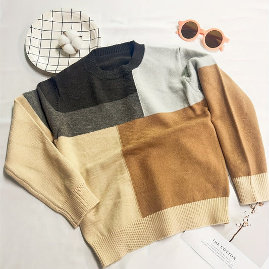 Boys Block Sweater Round Neck Stretch Knit Pullover Top