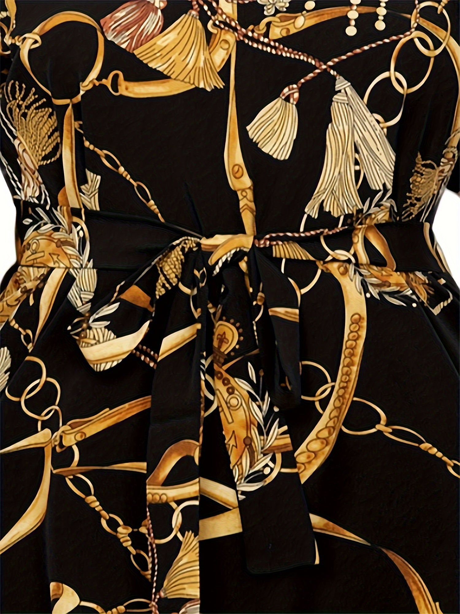  Chain Print V Neck Belted Dress